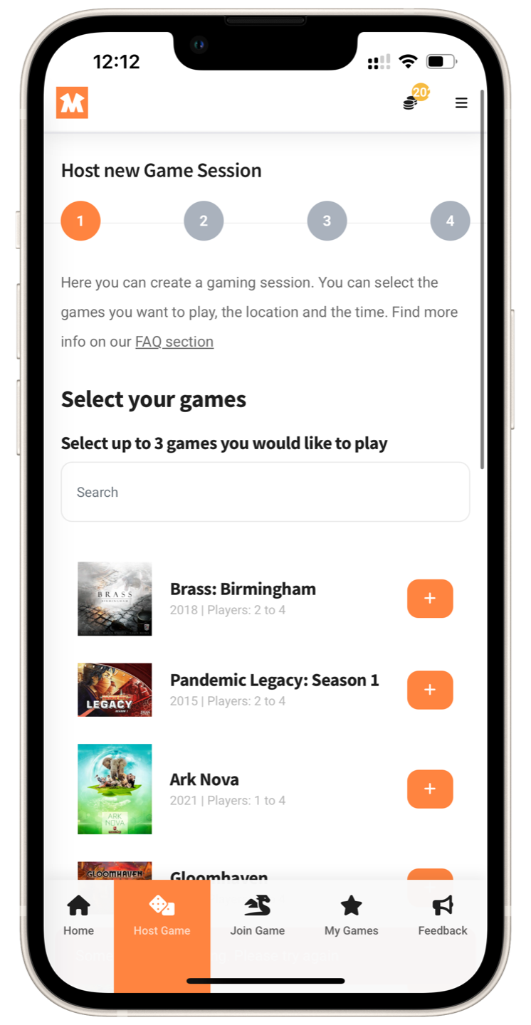 MeepleMatch app - host game screen