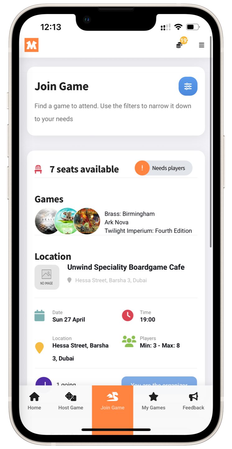 MeepleMatch app - join game screen