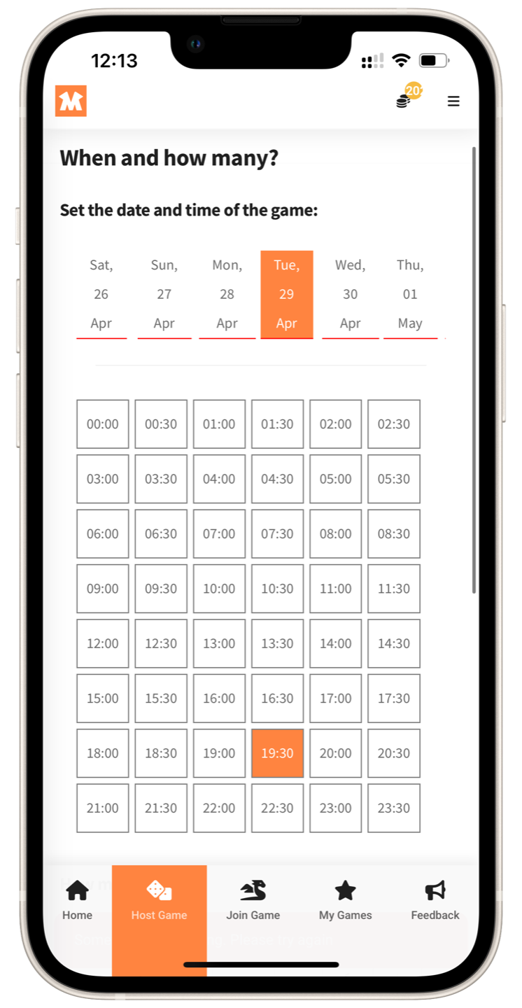 MeepleMatch app - schedule screen